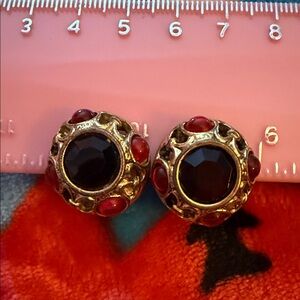Monet Moghol Vintage Gold and Red Clip Earrings
